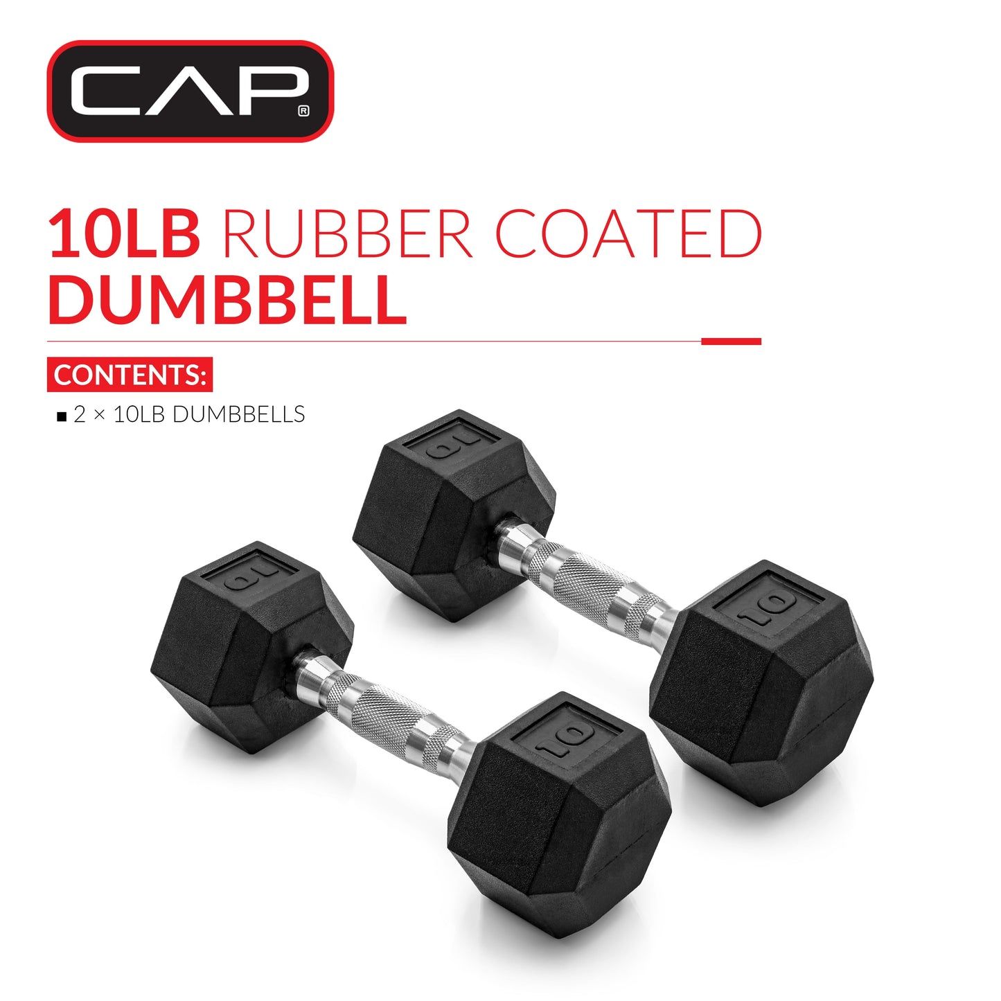 Barbell, 10Lb Coated Rubber Hex Dumbbell, Pair