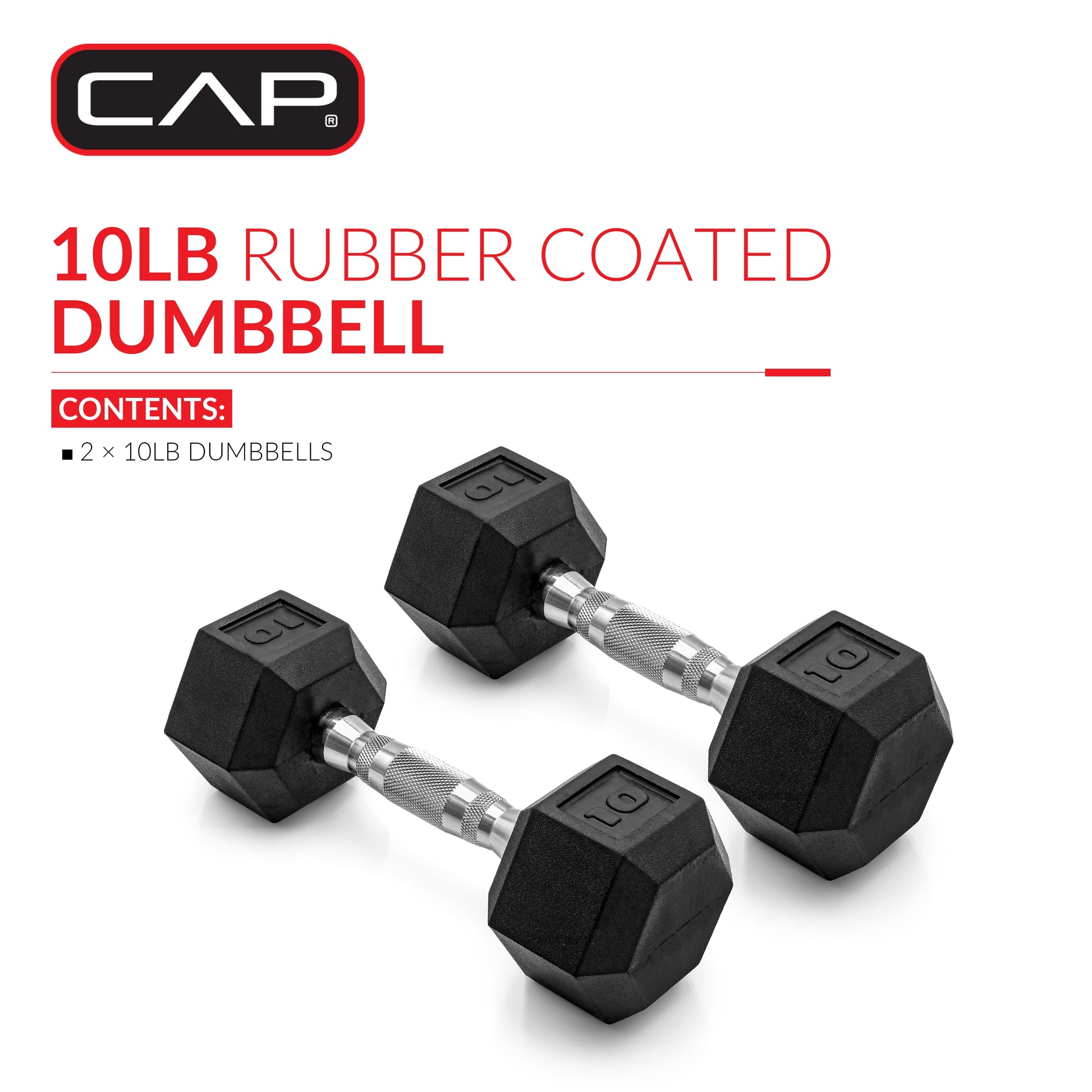Barbell, 10Lb Coated Rubber Hex Dumbbell, Pair