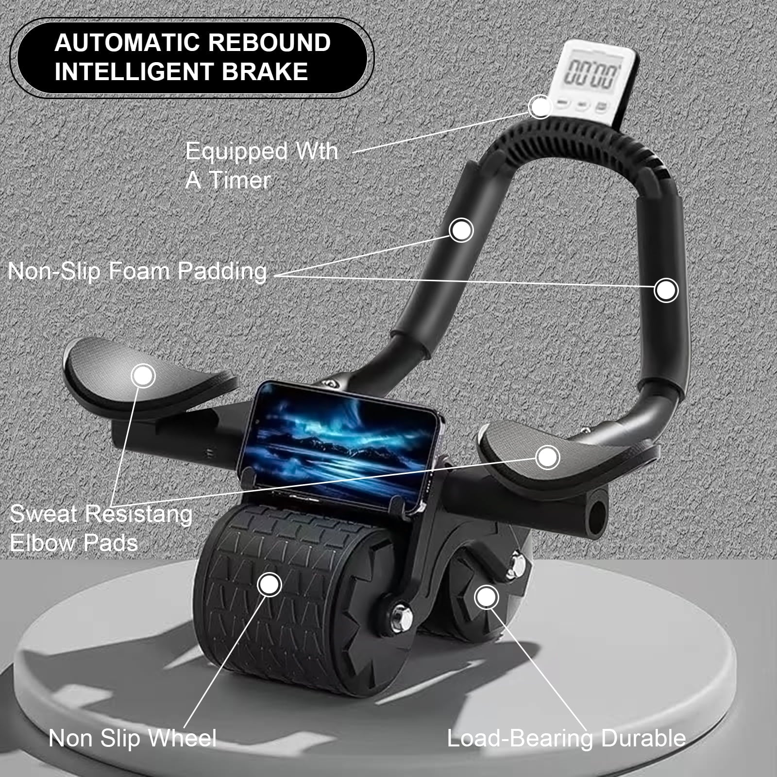 2025 New with Timer Ab Abdominal Exercise Roller Elbow Support, Abs Roller Wheel Core Exercise Equipment, Automatic Rebound Abdominal Wheel(Black）