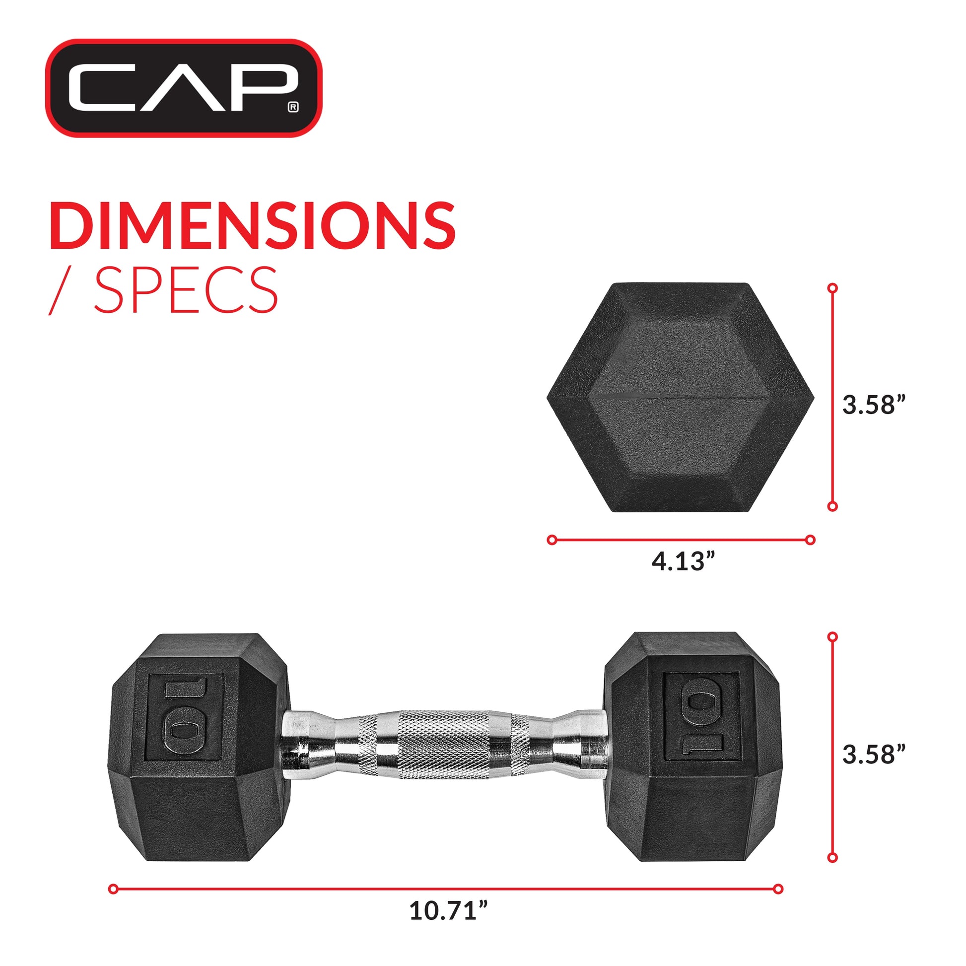 Barbell, 10Lb Coated Rubber Hex Dumbbell, Pair