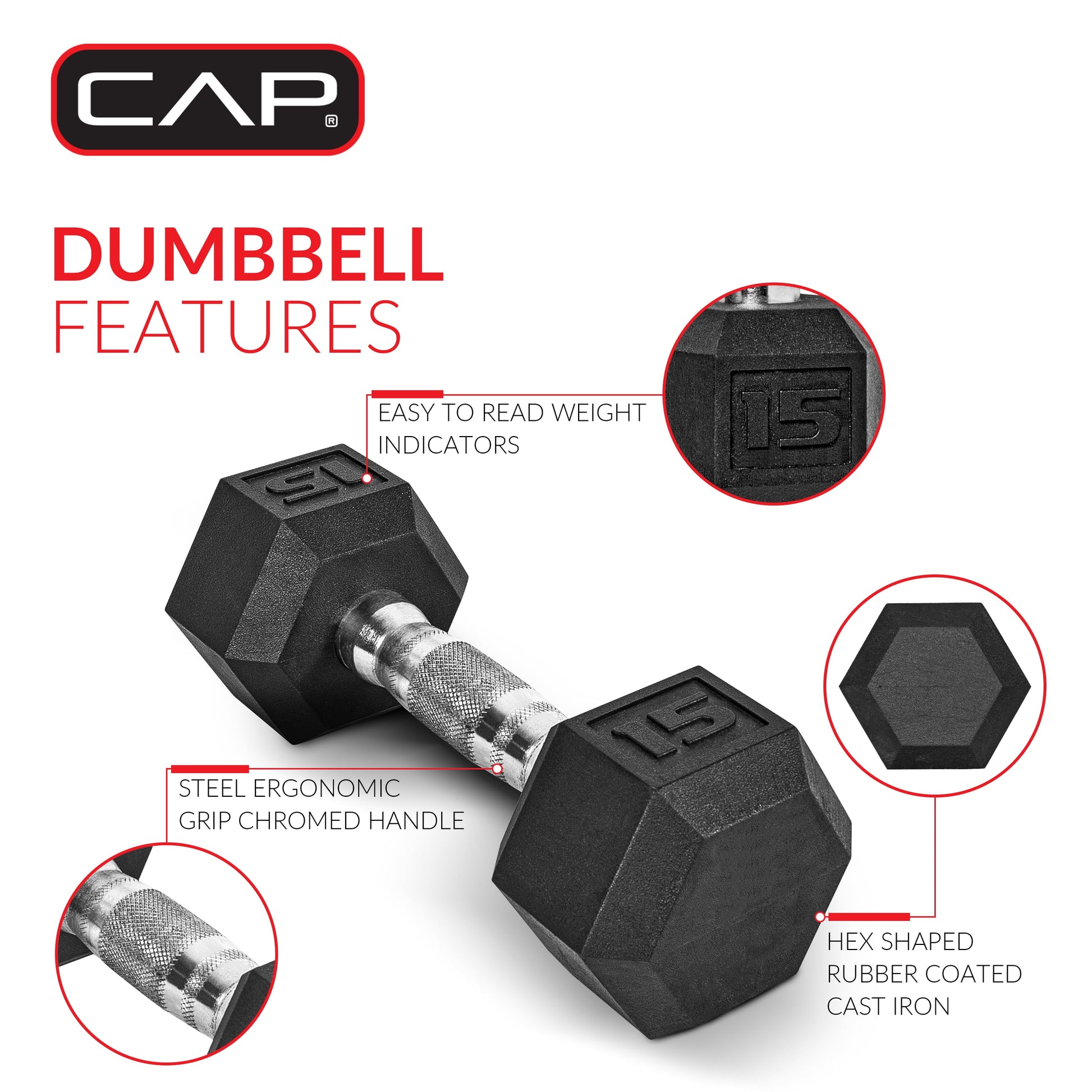 Barbell, 10Lb Coated Rubber Hex Dumbbell, Pair