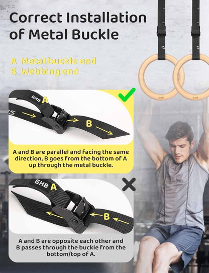 Gymnastic Rings Wooden Gym Rings 1.25" Olympic Rings Adjustable Straps Pull up R