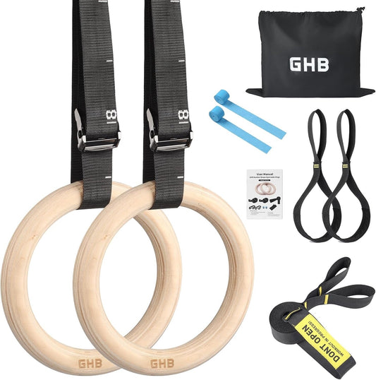 Gymnastic Rings Wooden Gym Rings 1.25" Olympic Rings Adjustable Straps Pull up R