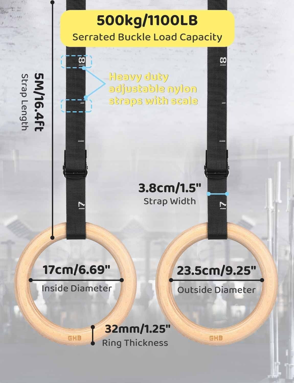Gymnastic Rings Wooden Gym Rings 1.25" Olympic Rings Adjustable Straps Pull up R