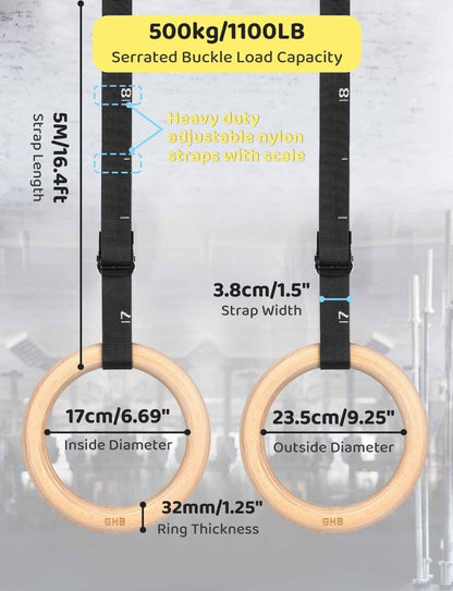 Gymnastic Rings Wooden Gym Rings 1.25" Olympic Rings Adjustable Straps Pull up R